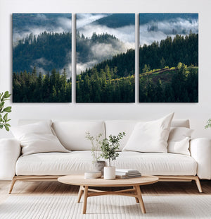 Misty Forest Wall Art Canvas Print – Pine Hills Foggy Trees