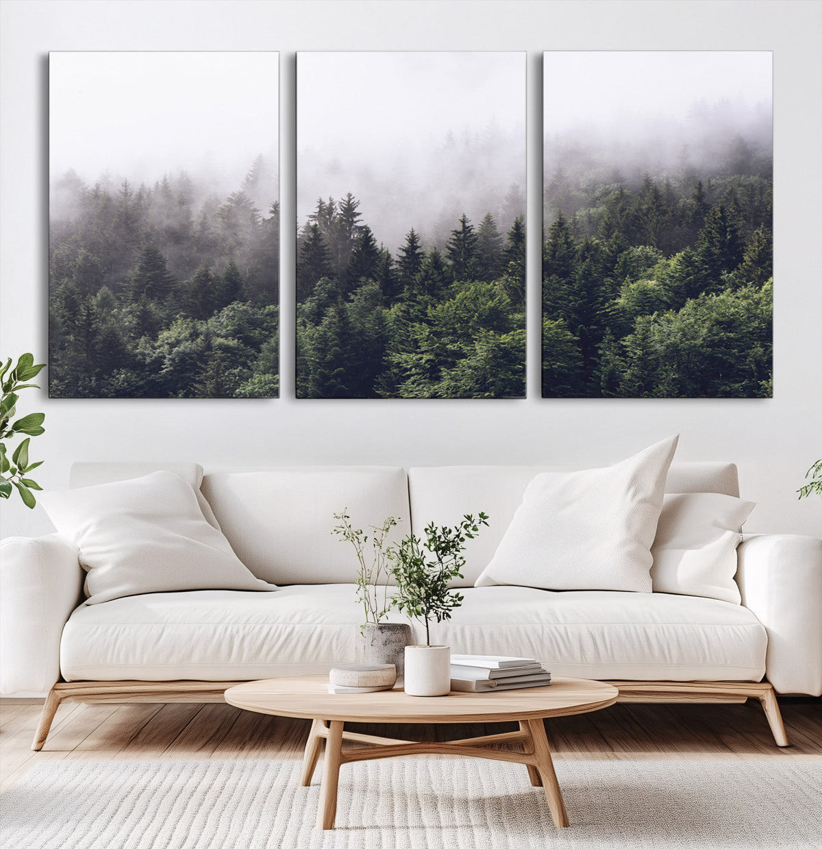 Misty Forest Wall Art Canvas Print, Serene Foggy Pines and