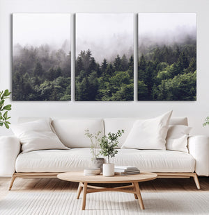 Misty Forest Wall Art Canvas Print, Serene Foggy Pines and