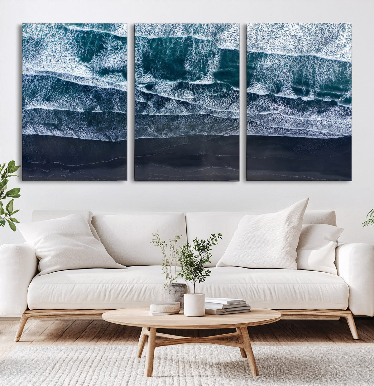 Black Beach Wall Art Canvas Print – Framed Aerial Ocean View