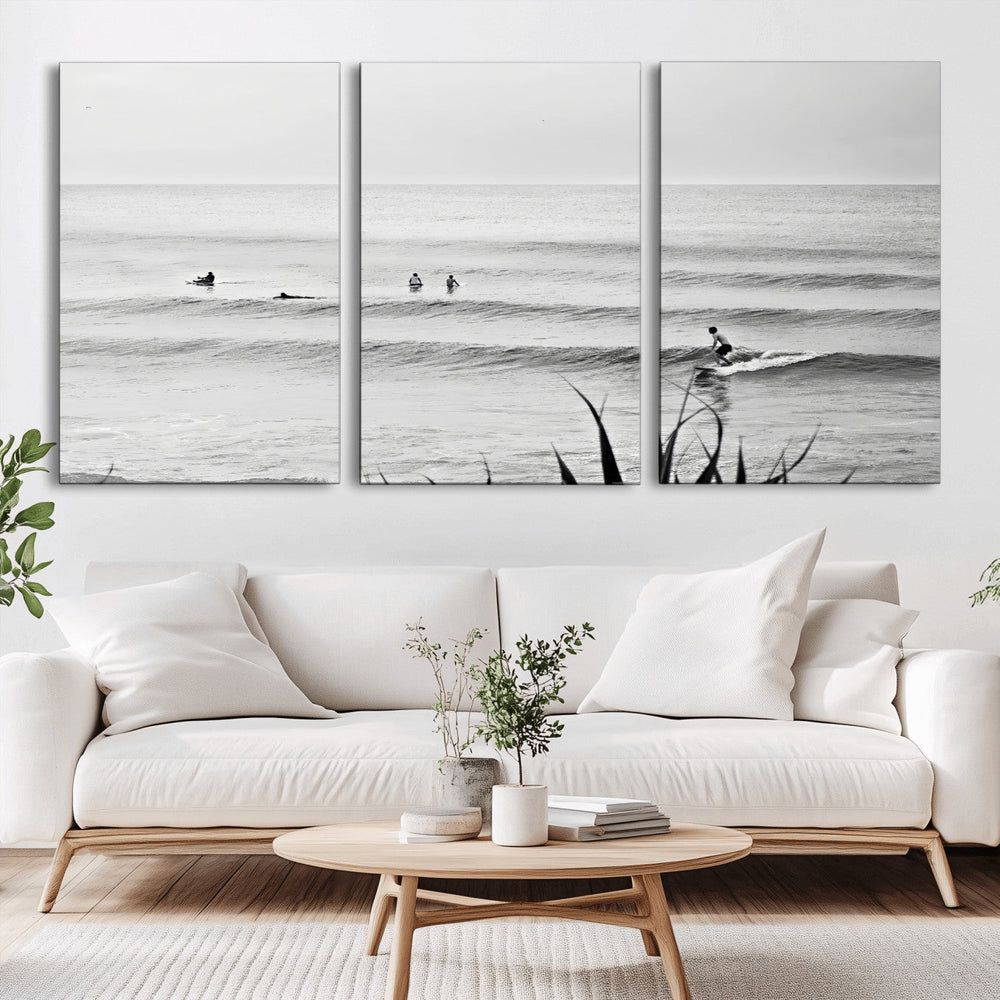 Surfer Silhouette Wall Art – Framed Calm Ocean Canvas