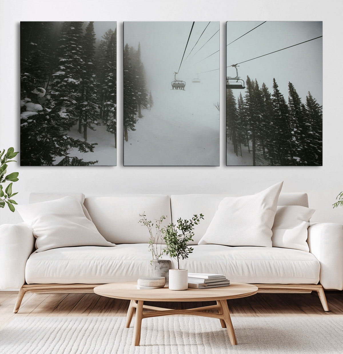 Ski Lift Wall Art Canvas Print – Snowy Pines Misty Landscape