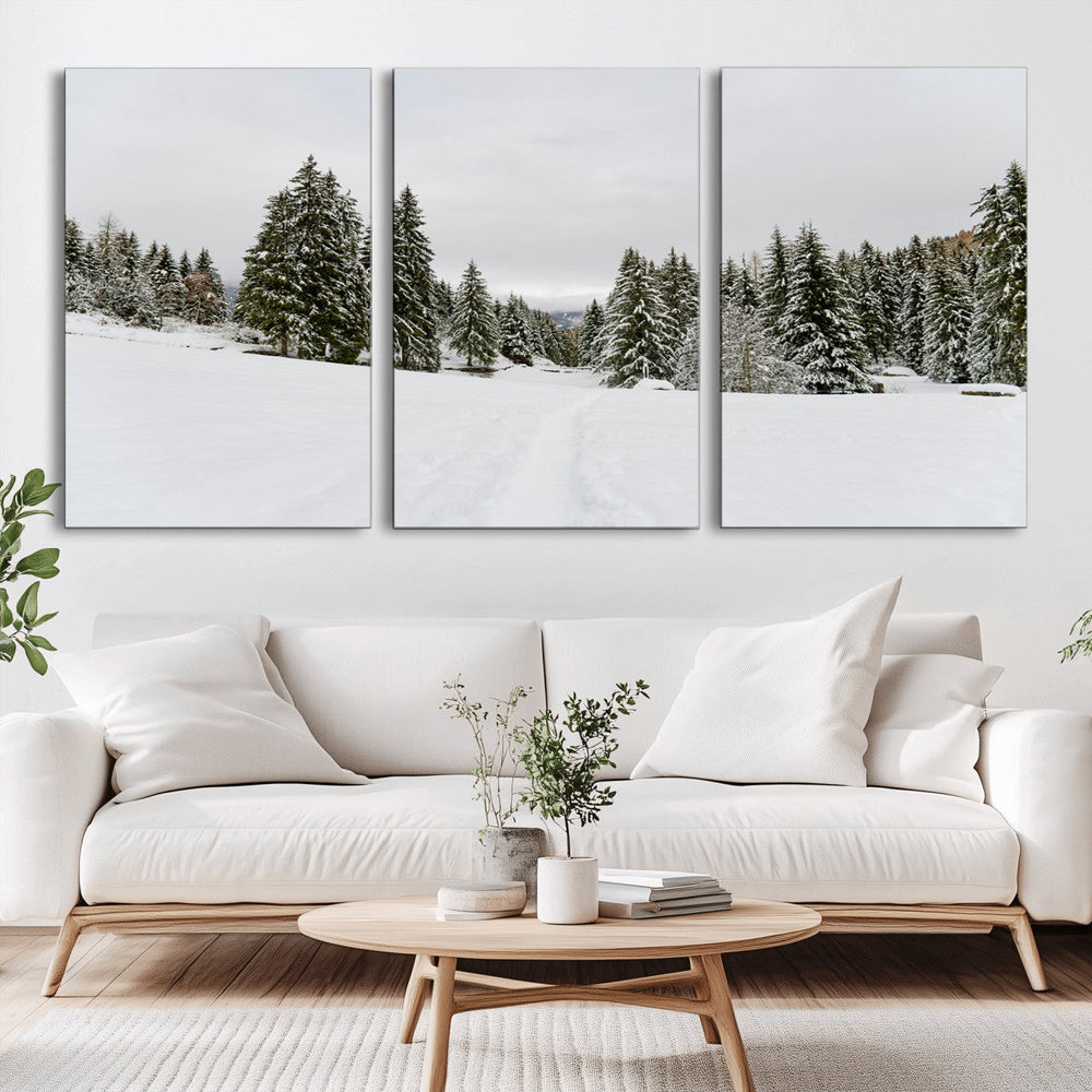 Frosty Pines Wall Art Canvas Print – Framed Silent Snowfall