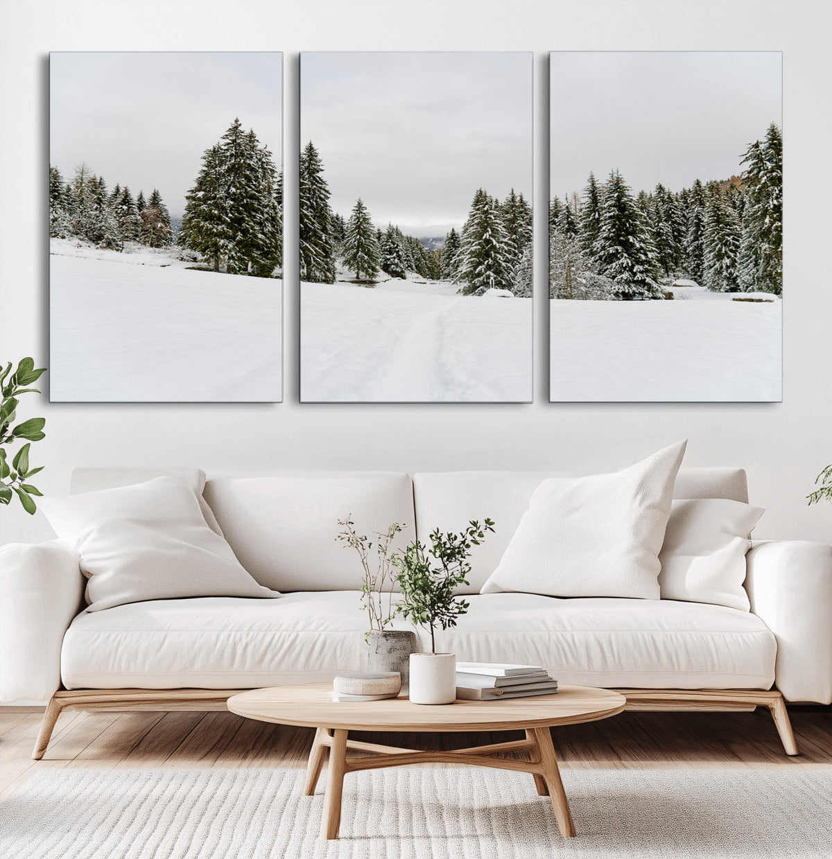 Frosty Pines Wall Art Canvas Print – Framed Silent Snowfall