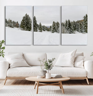 Frosty Pines Wall Art Canvas Print – Framed Silent Snowfall