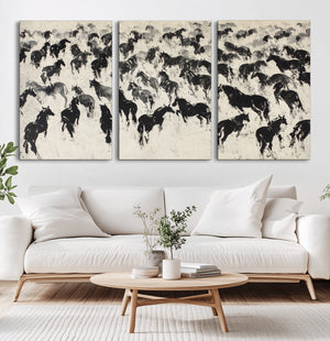 Wild Horse Stampede Wall Art Canvas Print – Monochrome