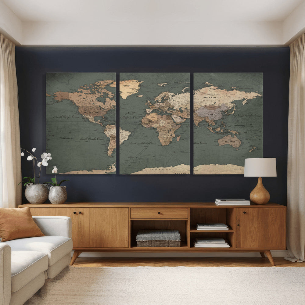 Rustic Black and Wood World Map Canvas Wall Art – Framed