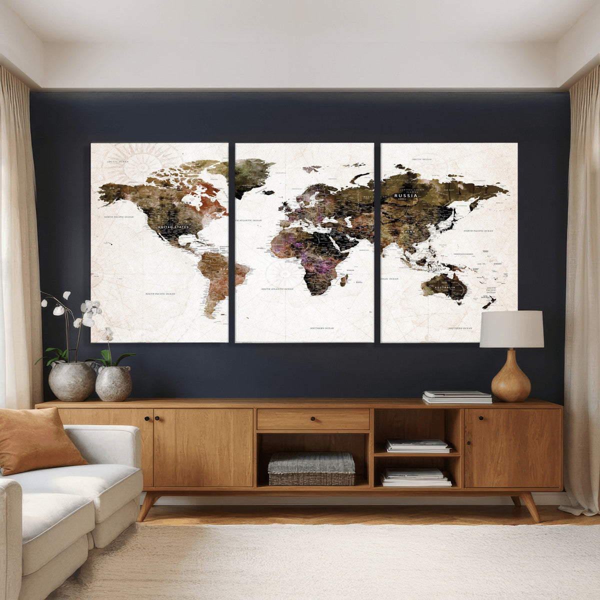 Watercolor World Map Print - Large Wall Art Canvas Print for