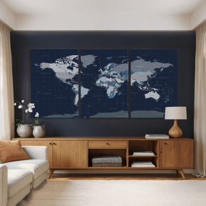 Blue Detailed World Map Wall Art Canvas Print, Modern Framed