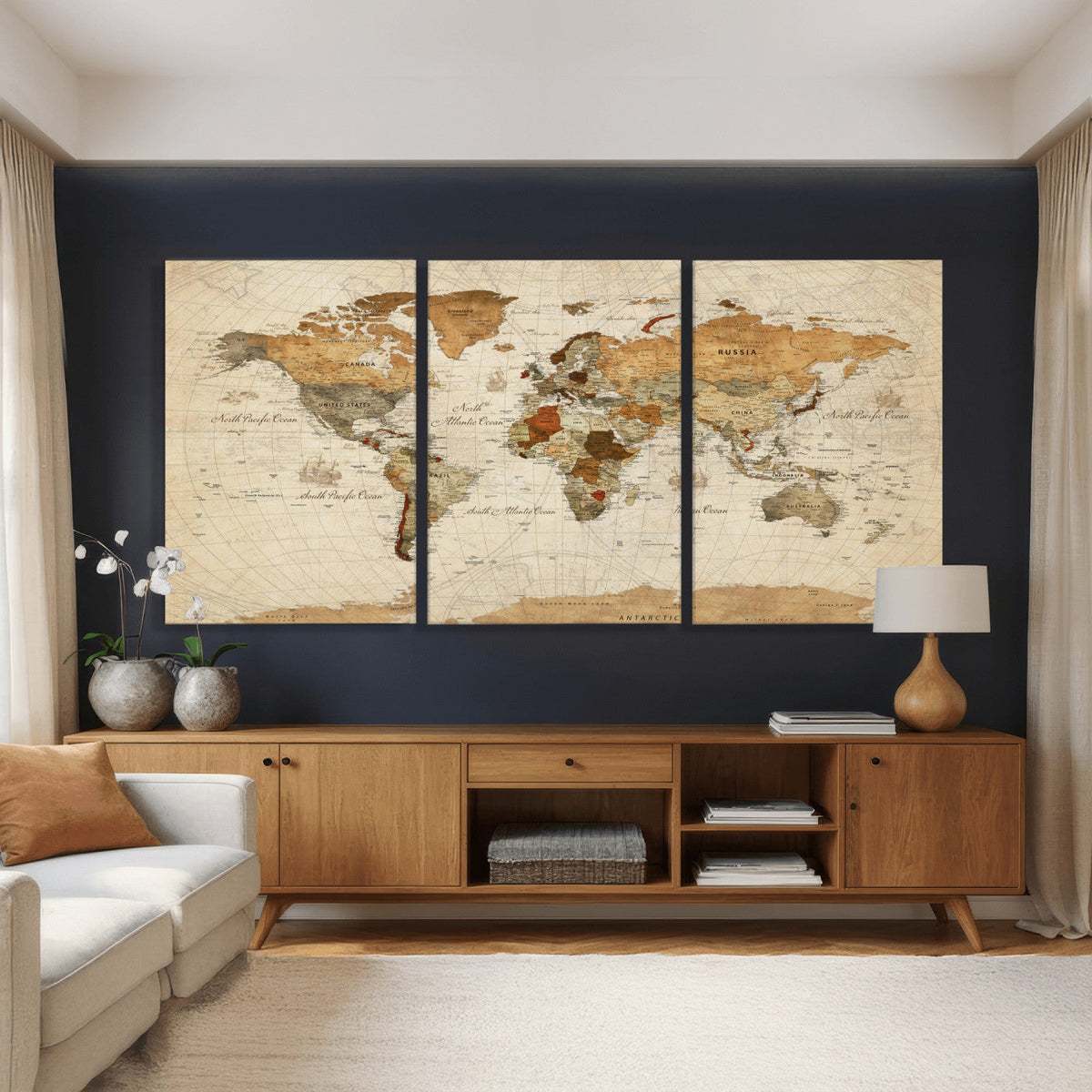Rustic Vintage World Map Canvas Print – Framed Modern