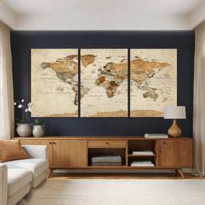Rustic Vintage World Map Canvas Print – Framed Modern