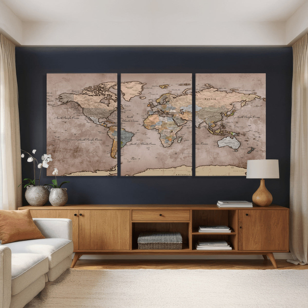 Grunge World Map Canvas Wall Art - Vintage Aged World Map