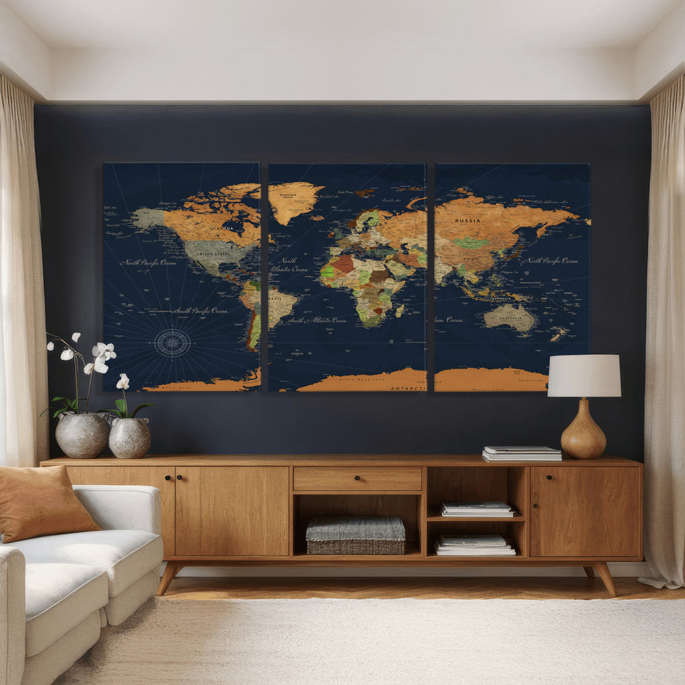 Modern World Map Canvas Print – Framed Detailed Map of the