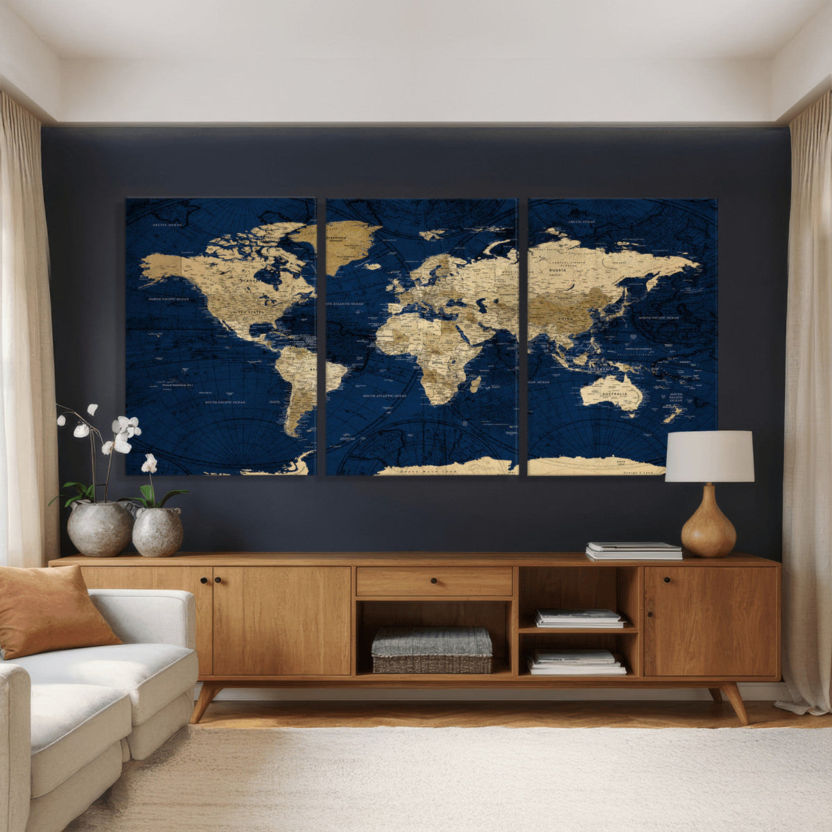 Navy Blue World Map Canvas Print – Detailed Map Minimal Navy