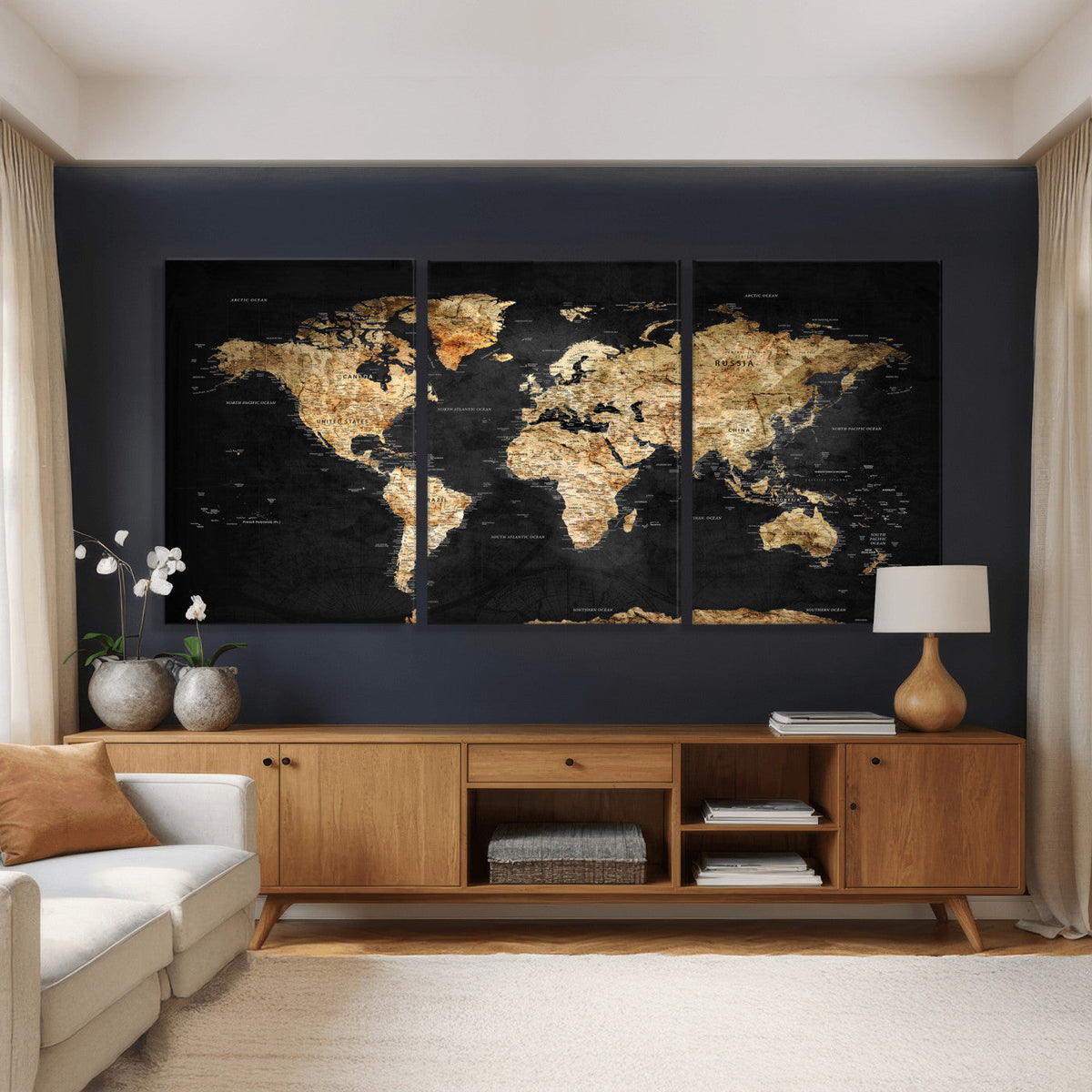 World Map Canvas Wall Art with Famous Landmarks – Framed