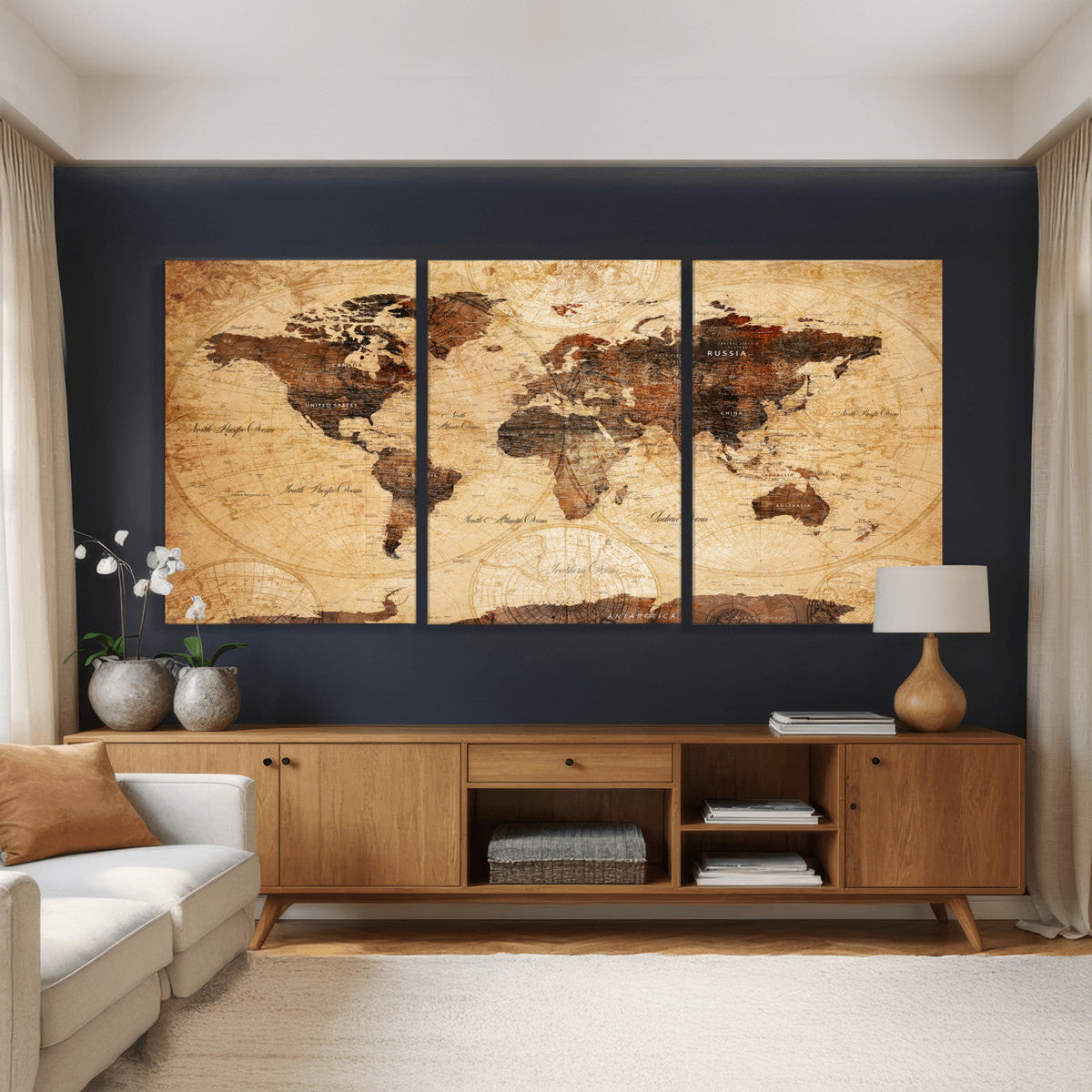Modern Red and Gray World Map Canvas Print – Framed Wall Art