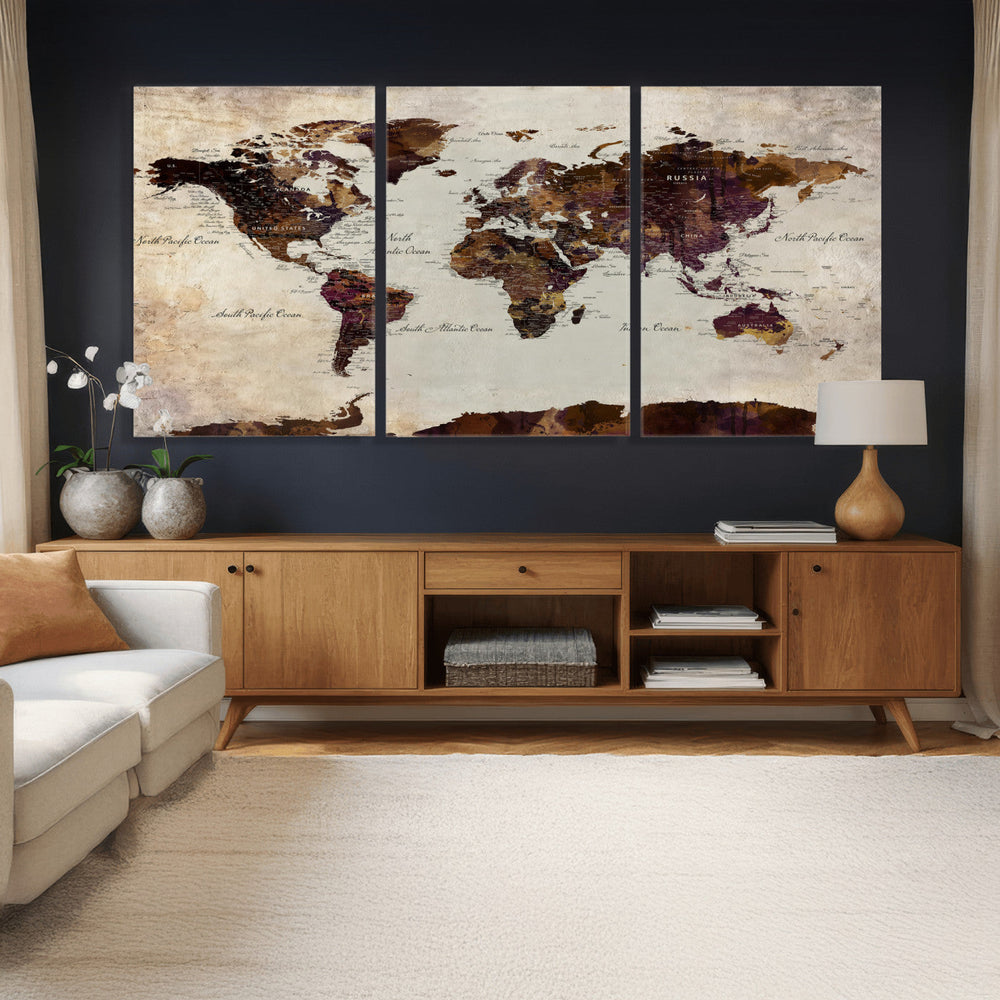 World Map Canvas Triptych – Colorful Global Wall Art for