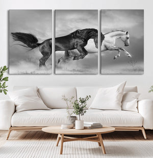 Wild Horses Wall Art Canvas Print – Framed Black and White