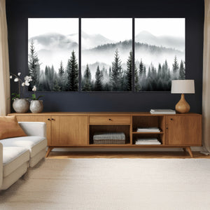 Misty Pine Forest Mountain Landscape Wall Art Canvas Print