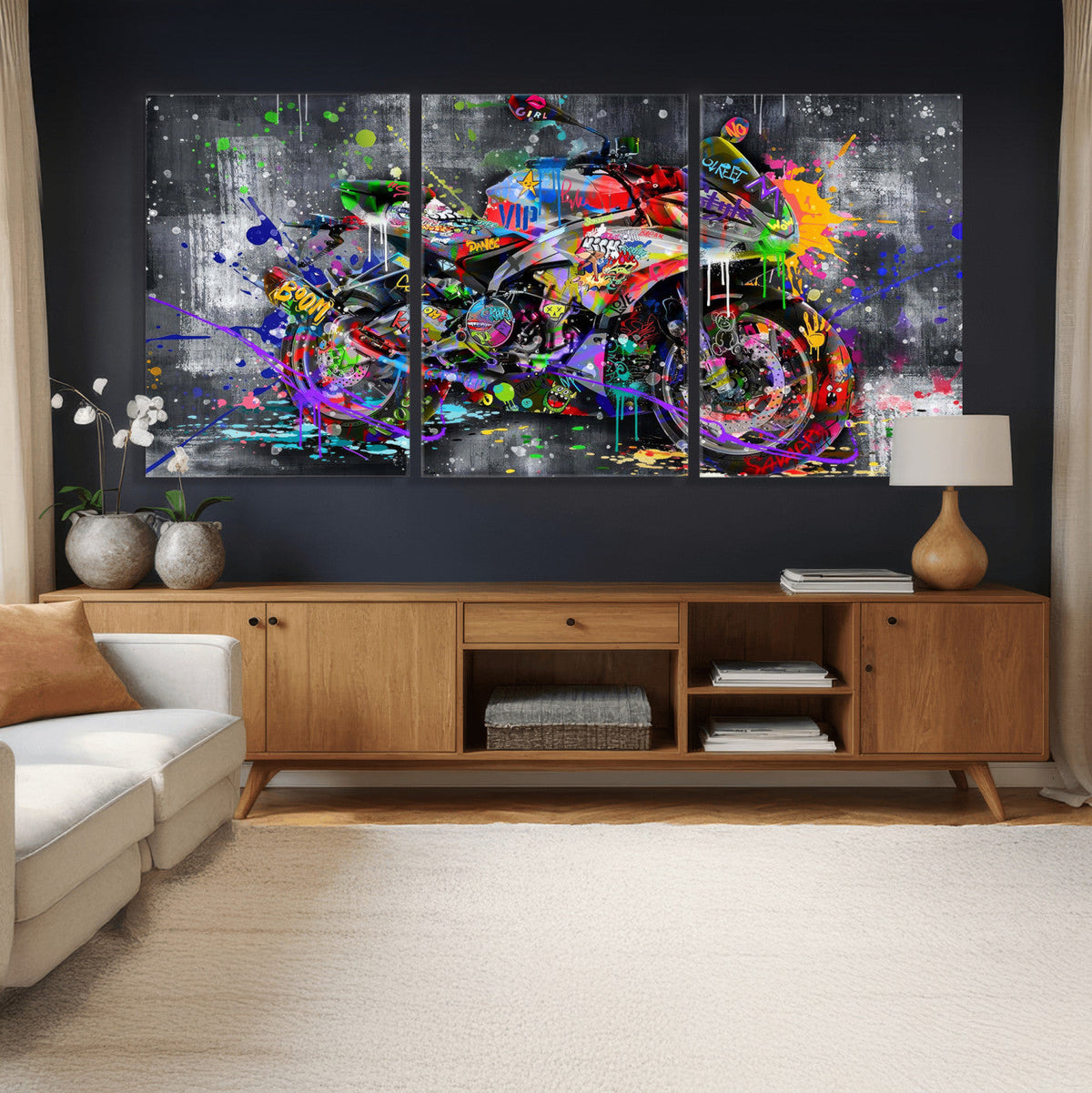 Graffiti Motorcycle Wall Art Canvas Print, Urban Street Art