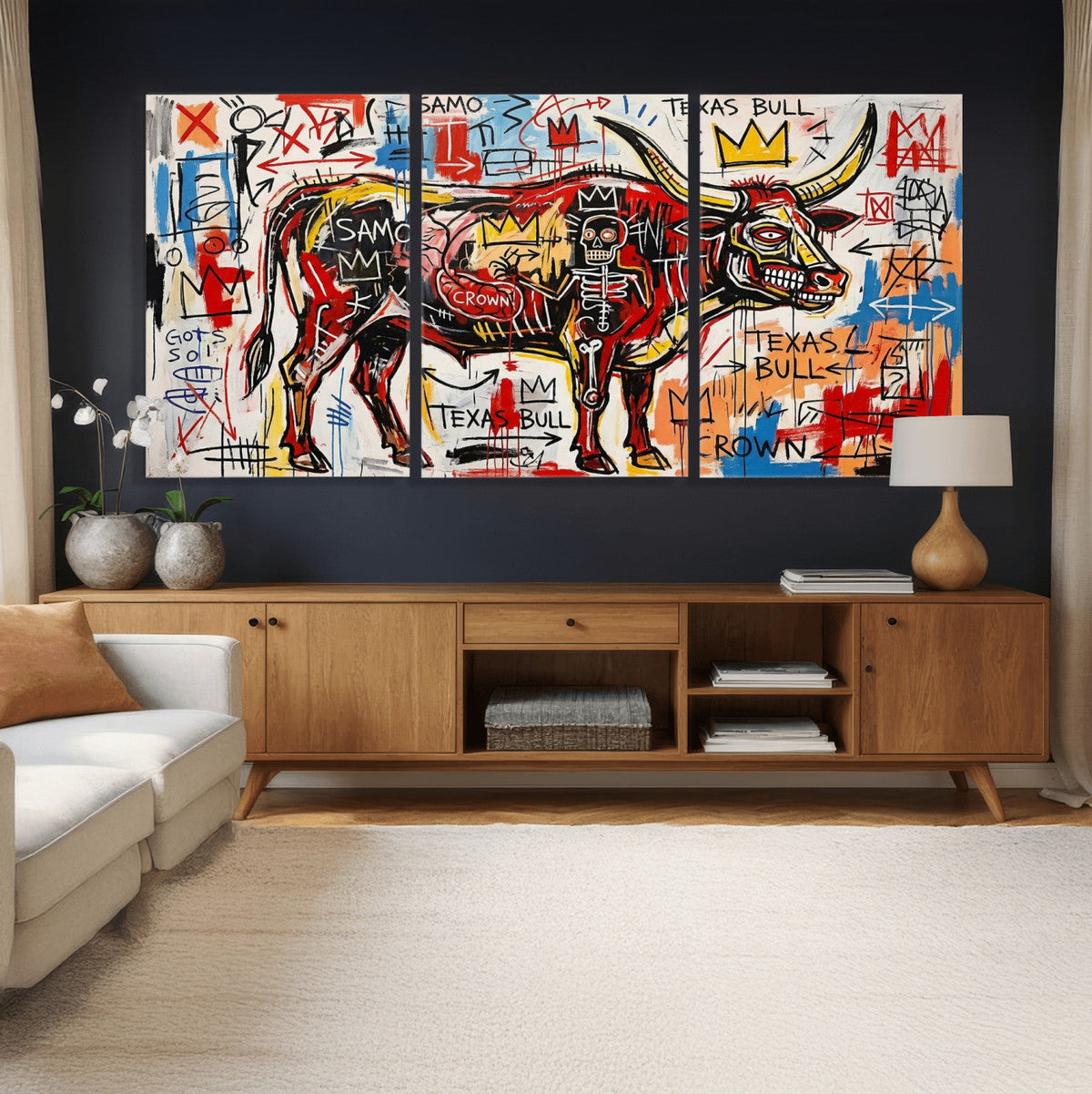 Texas Bull Wall Art Canvas Print, Abstract Graffiti Bull