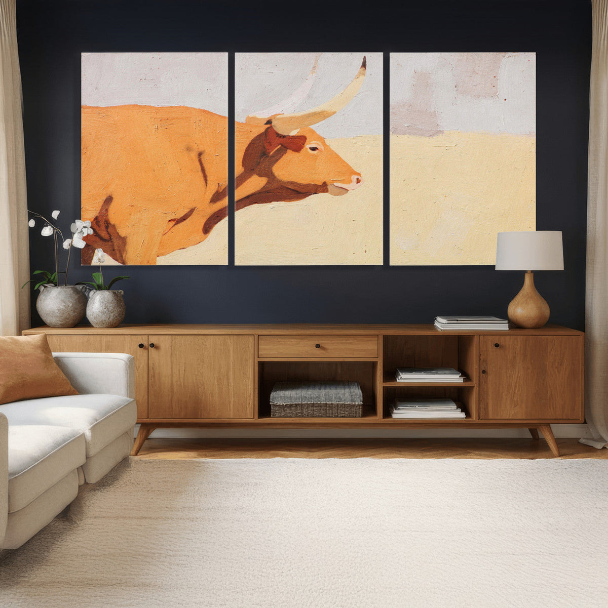 Minimal Longhorn Bull Wall Art Canvas Print, Neutral Western