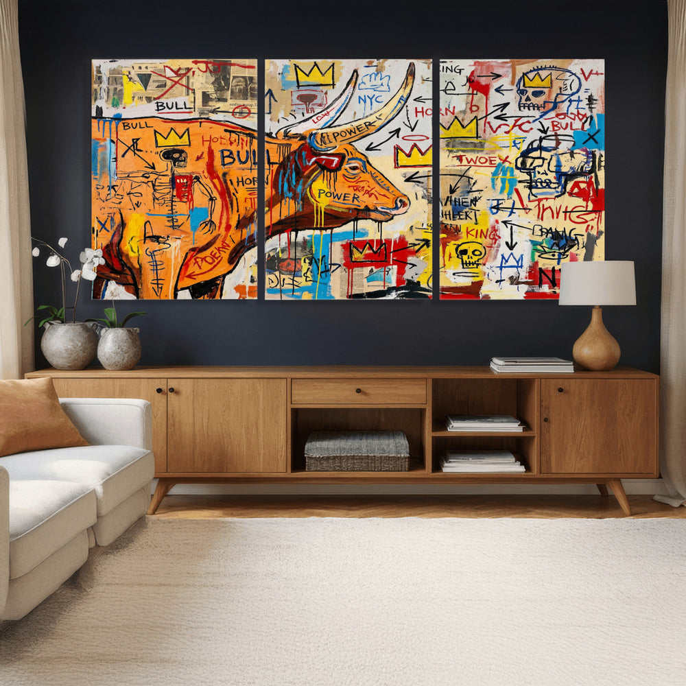 Basquiat Style Bull Graffiti Wall Art Canvas Print, Street