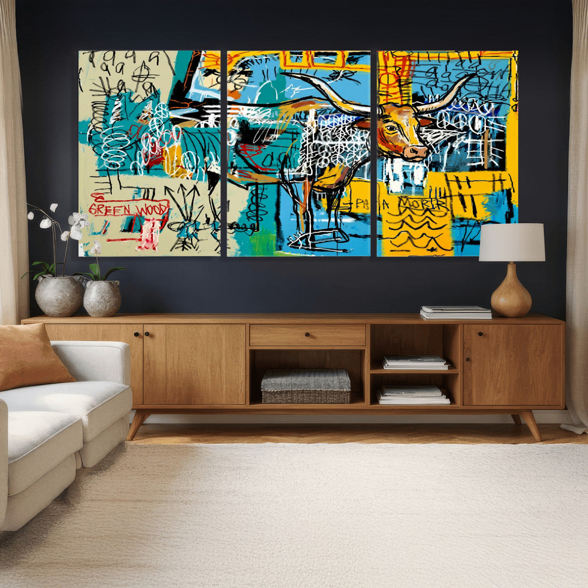 Basquiat Style Bird Bull Graffiti Wall Art Canvas Print,