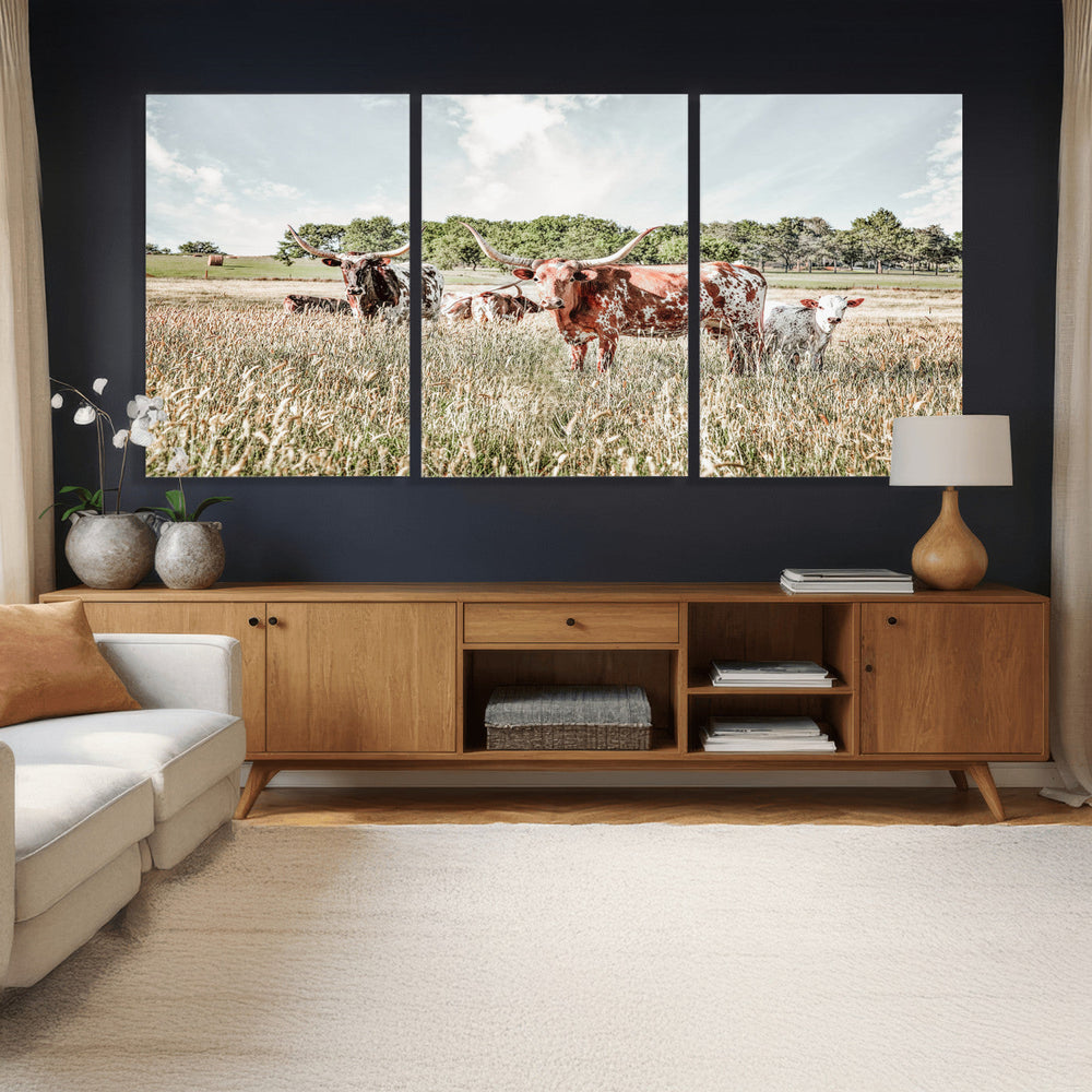 Texas Longhorn Cattle Wall Art Canvas Print, Rustic Ranch