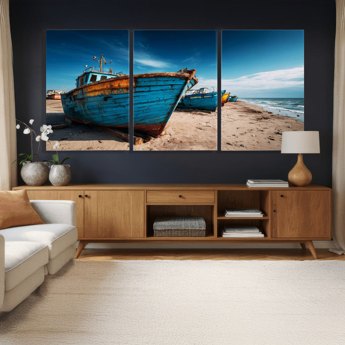 Coastal Fishing Boats Wall Art Canvas Print, Sunset Beach