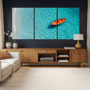 Minimalist Boat Wall Art Canvas Print, Aerial Sea Landscape
