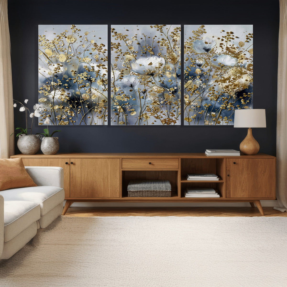 Abstract Floral Wall Art Canvas Print – Gold and Blue