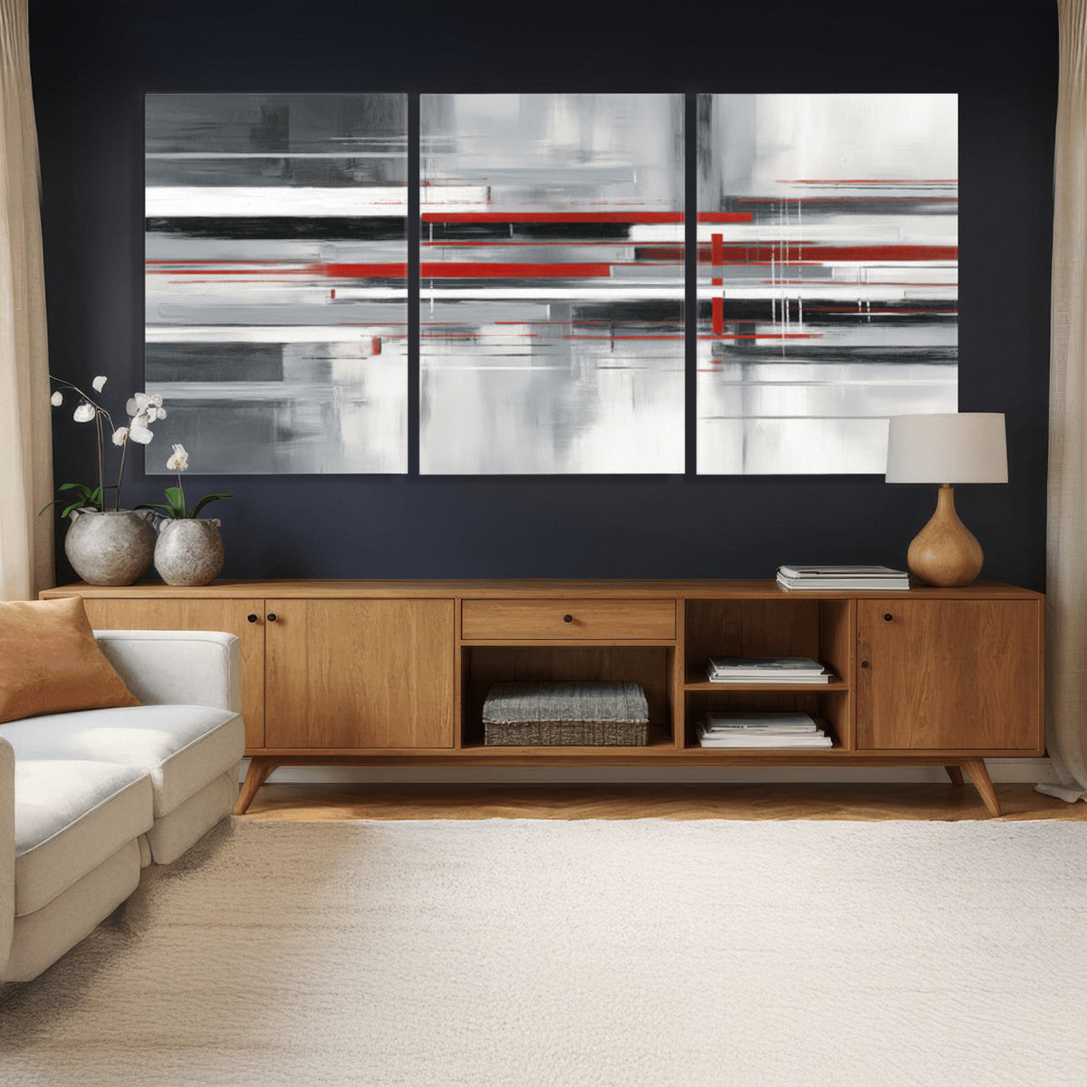 Gray Red Abstract Wall Art Canvas Print, Modern Abstract