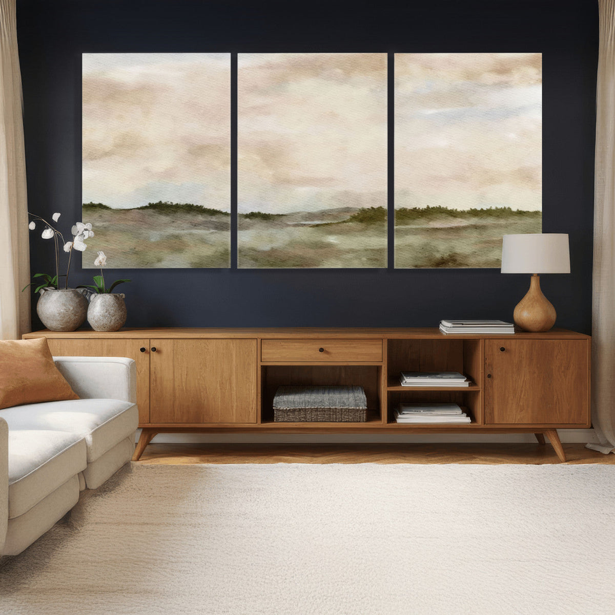 Muted Watercolor Hill Landscape Print — Beige Taupe Cloudy