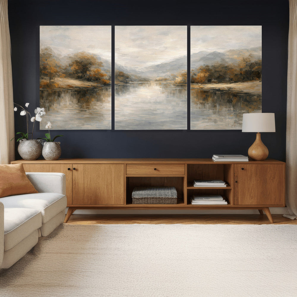 Neutral Abstract River Landscape Wall Art Canvas Print