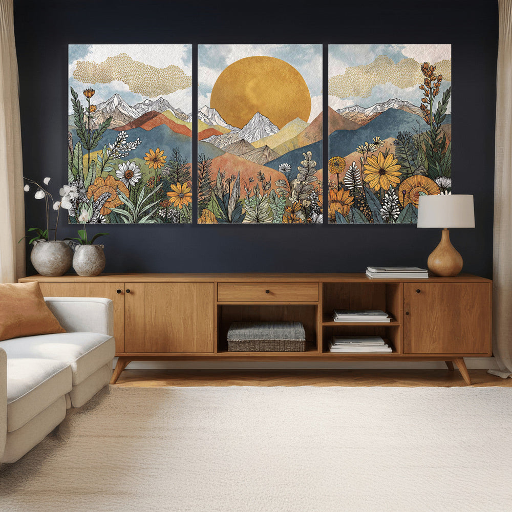 Boho Mountain Landscape Large Wall Art, Horizontal Gold