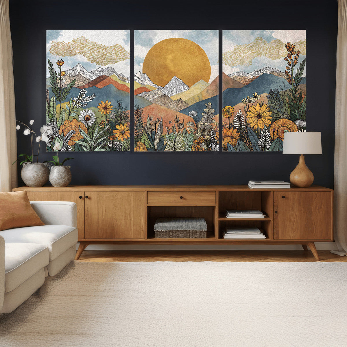 Boho Mountain Landscape Large Wall Art, Horizontal Gold