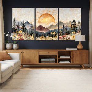 Boho Mountain Landscape Large Wall Art, Horizontal Gold
