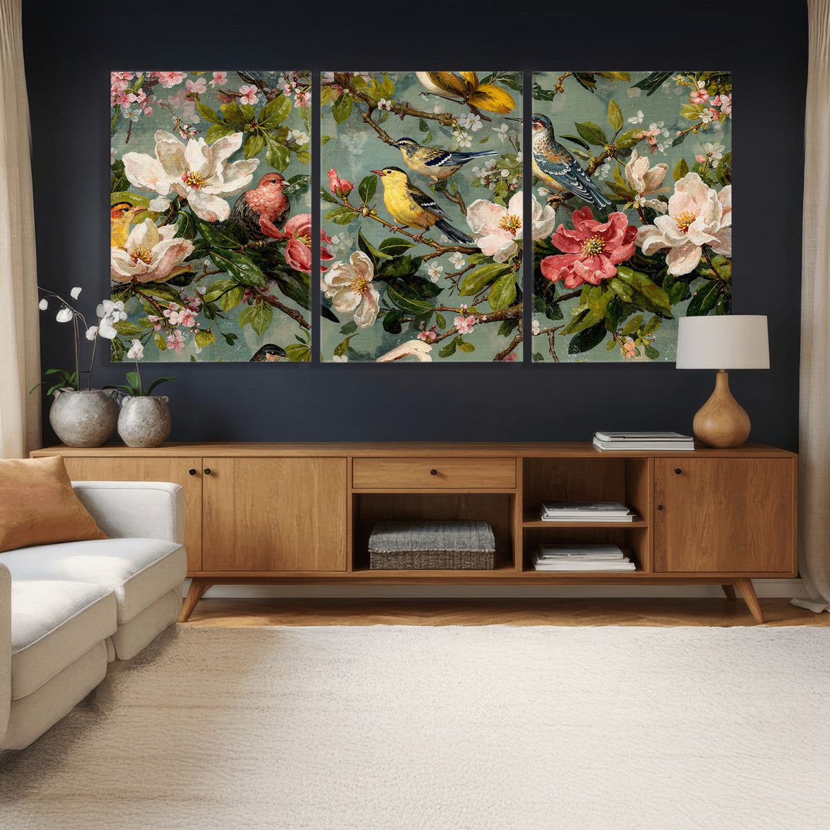 Vintage Birds and Flowers Wide Wall Art: Extra Large