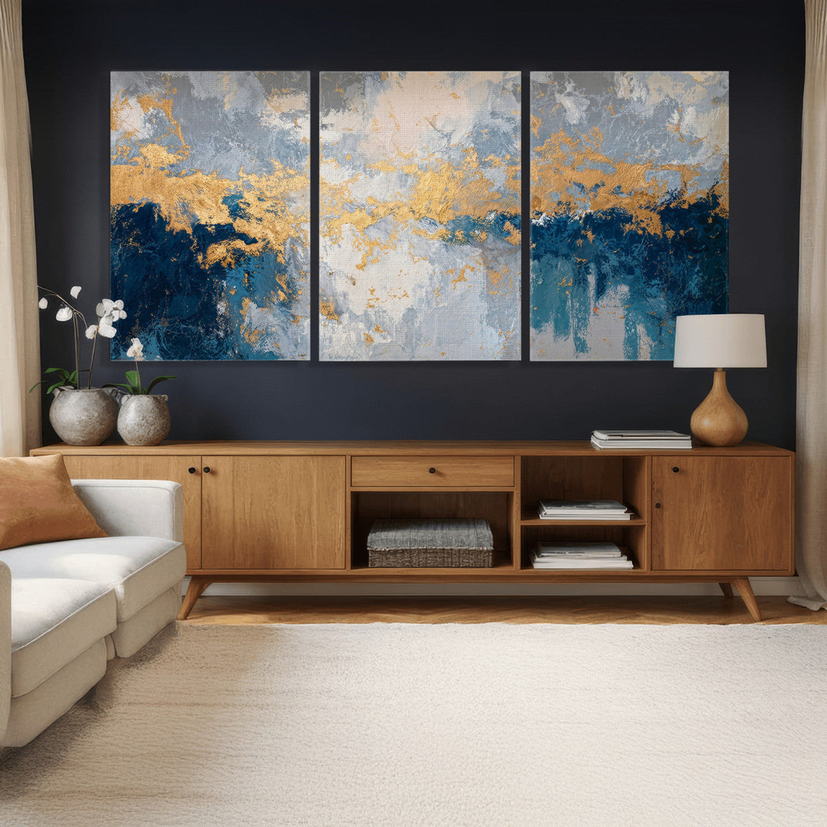 Blue Gold Abstract Large Framed Canvas Wall Art, Modern