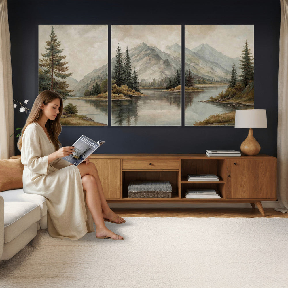 Vintage Mountain Landscape Wall Art Canvas Print Set, Rustic