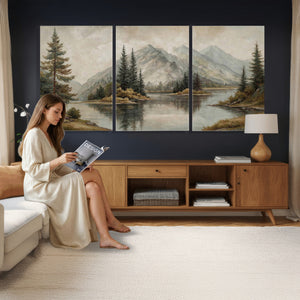Vintage Mountain Landscape Wall Art Canvas Print Set, Rustic
