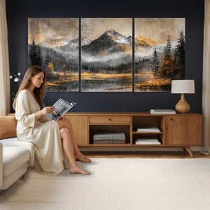 Mountain Lake Canvas Wall Art — Rustic Forest Landscape