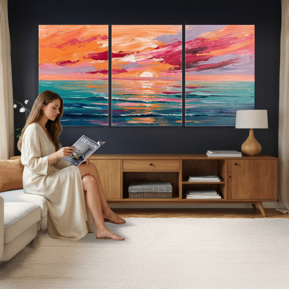Bold Palette Knife Ocean Sunset Canvas — Orange Pink Teal