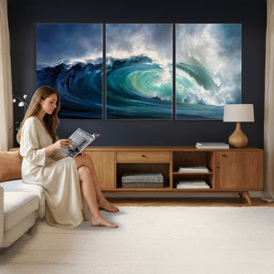 Ocean Wave Canvas Wall Art, Dramatic Teal Blue Seascape Oil
