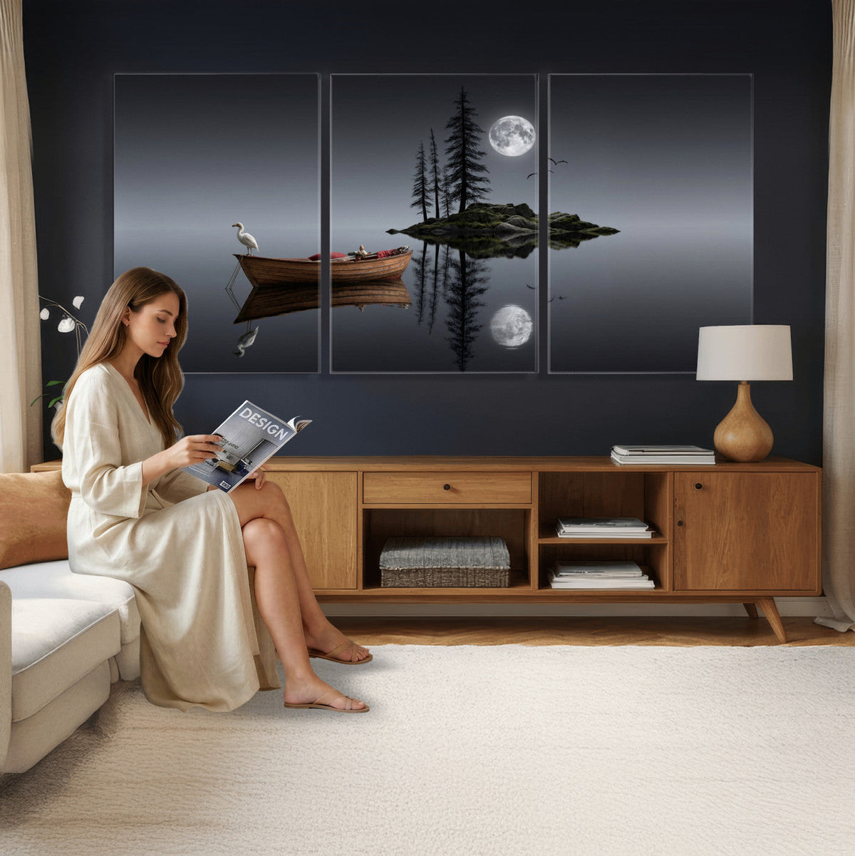 Moonlit Lake Canvas Wall Art, Dreamy Boat Heron Full Moon