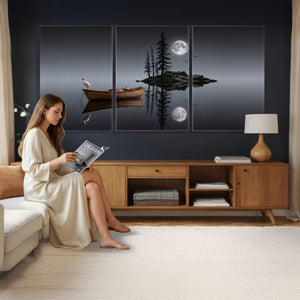 Moonlit Lake Canvas Wall Art, Dreamy Boat Heron Full Moon
