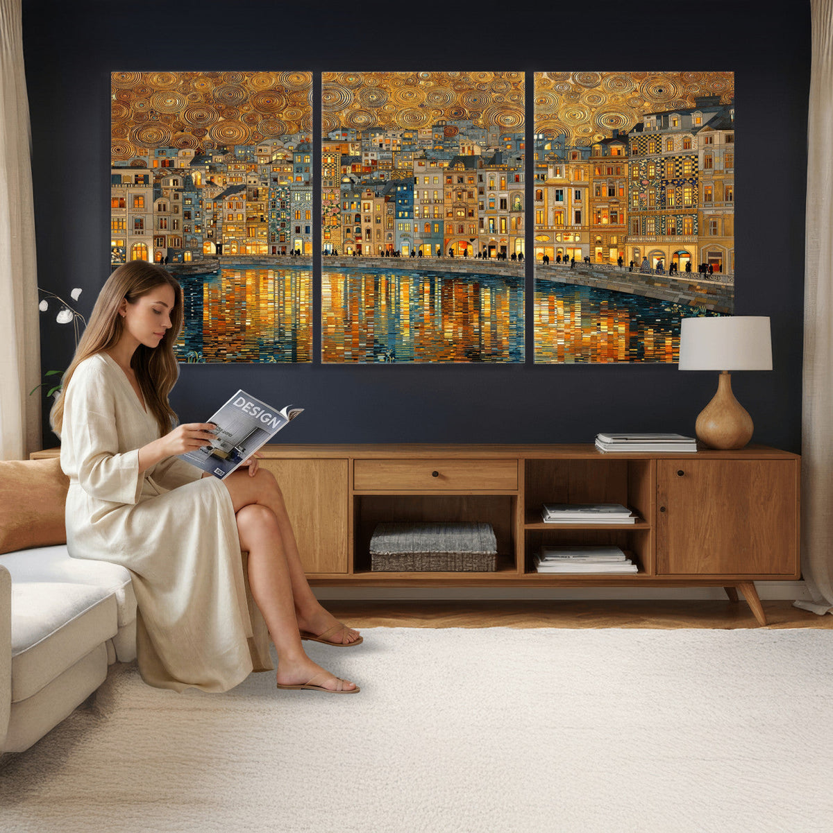 Gustav Klimt Golden Cityscape Wall Art Canvas Print, Framed