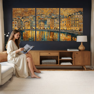 Gustav Klimt Golden Cityscape Wall Art Canvas Print, Framed
