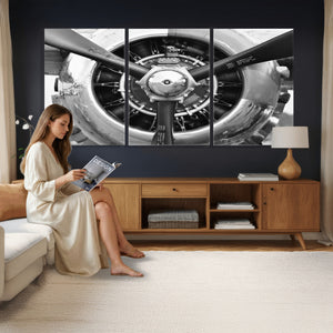 Vintage Propeller Plane Wall Art Canvas Print, Black and
